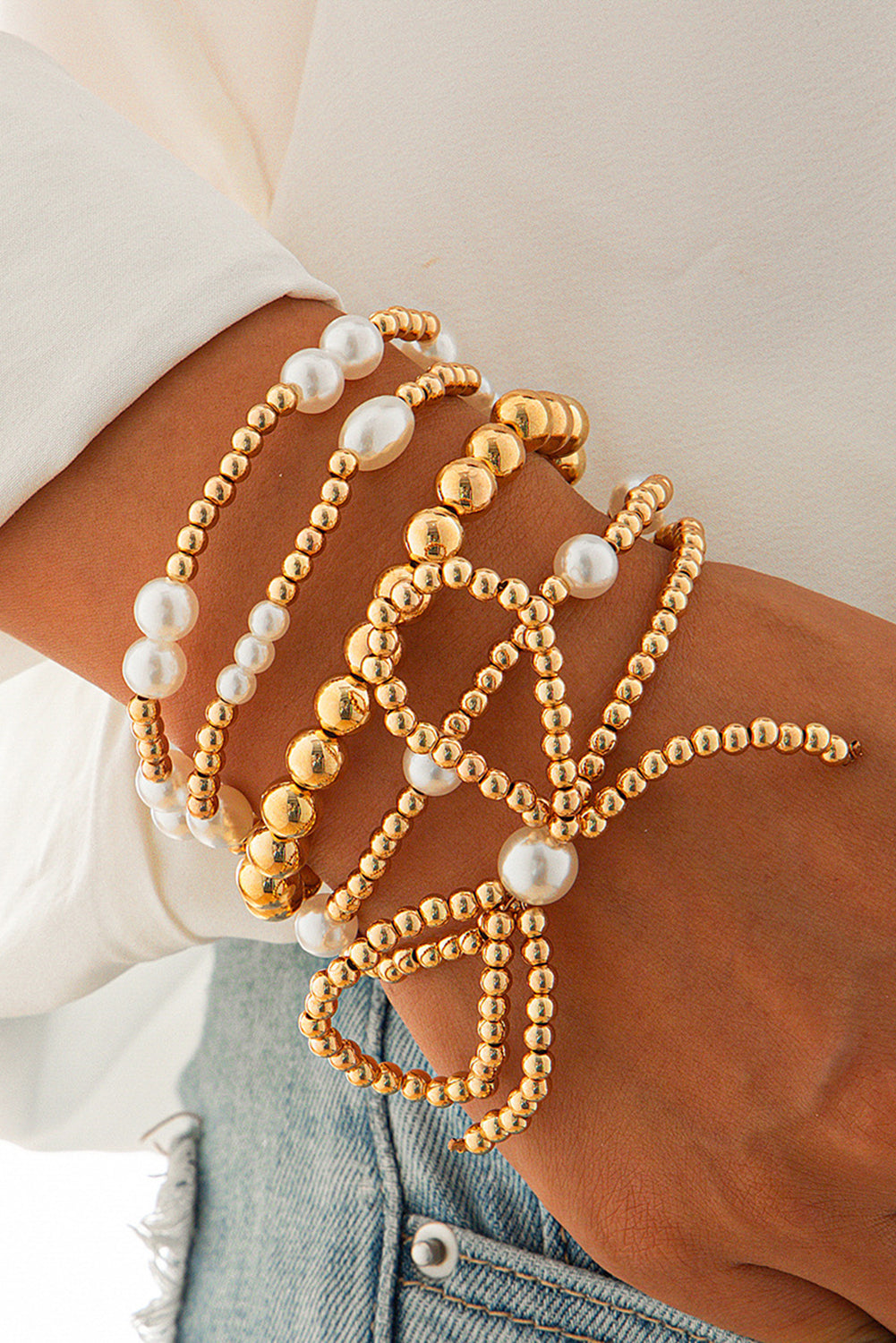 Gold Bow Knot & Pearl Beaded Bracelet Set