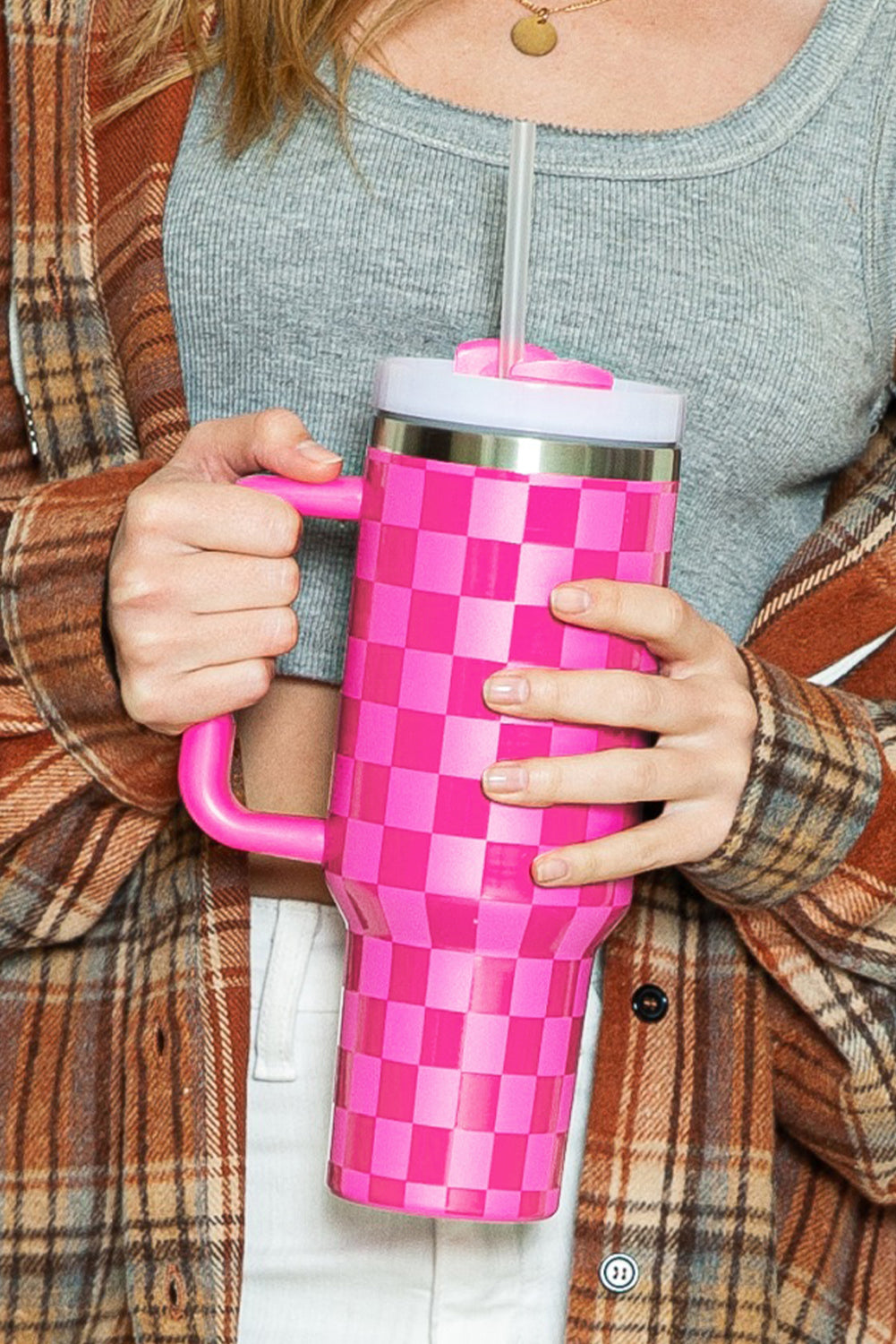 Bright Pink Checkered Tumbler