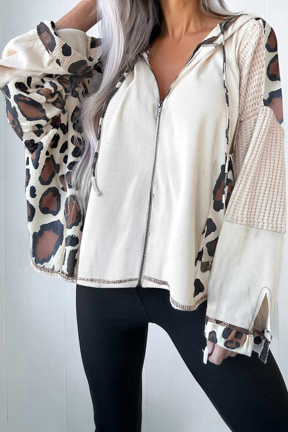 Apricot Oversized Leopard Patchwork Hoodie