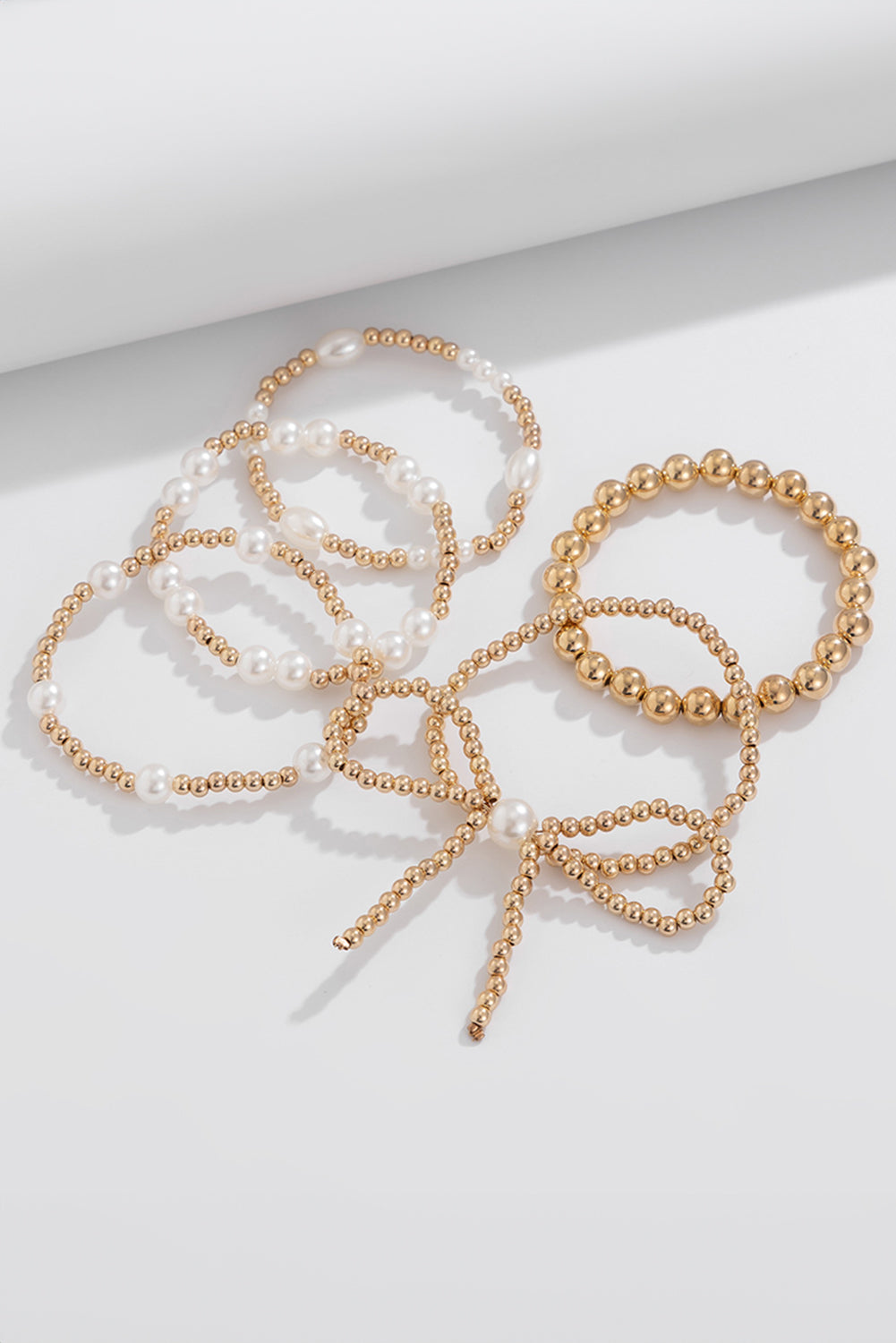 Gold Bow Knot & Pearl Beaded Bracelet Set