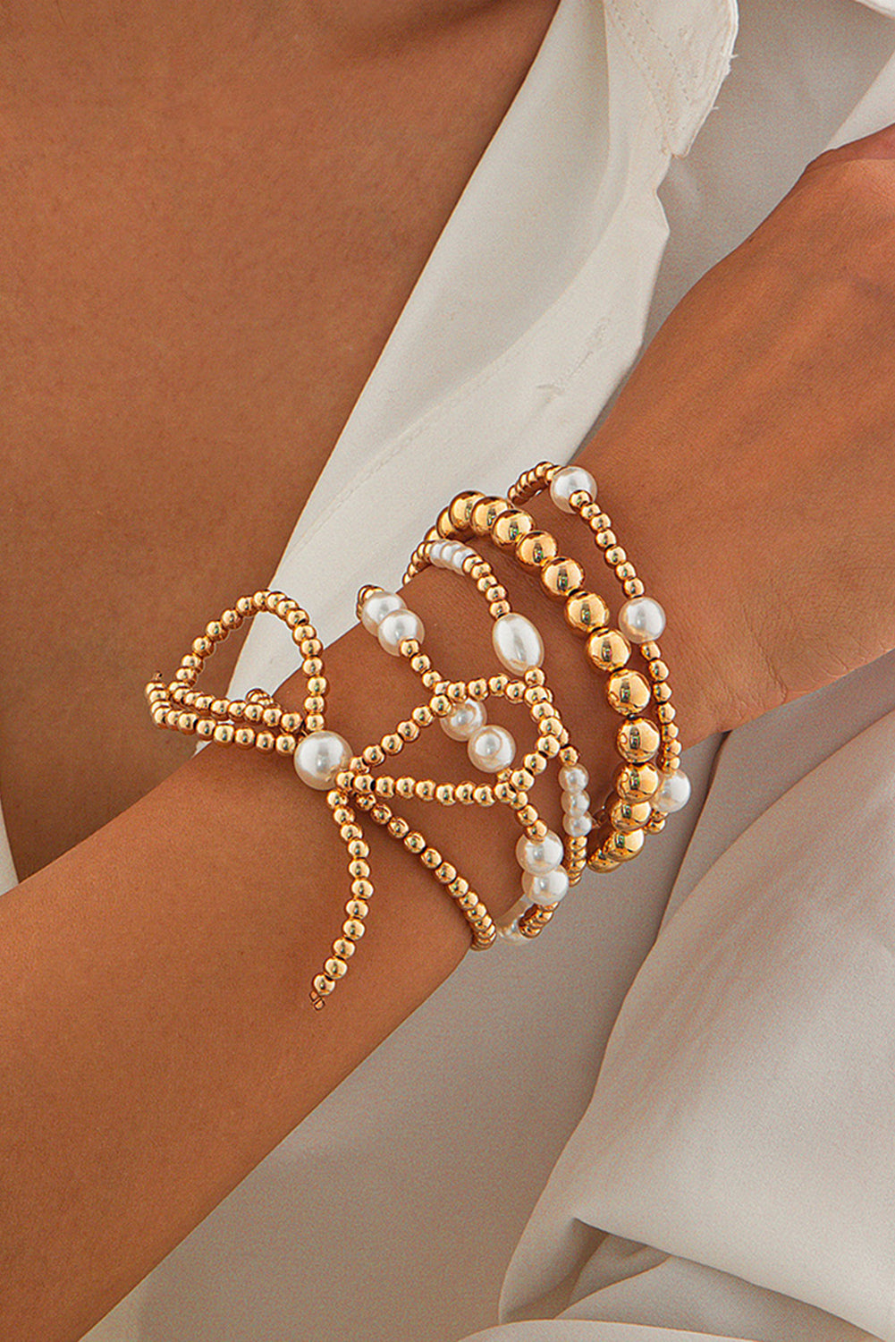Gold Bow Knot & Pearl Beaded Bracelet Set