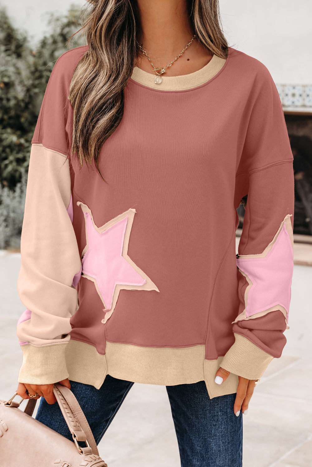 Rose Pink Star Patchwork Sweatshirt