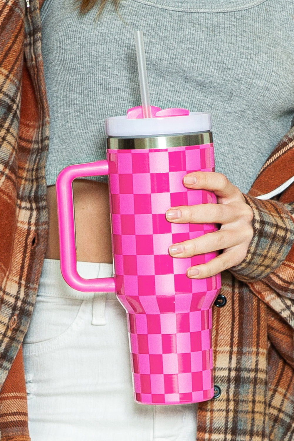 Bright Pink Checkered Tumbler