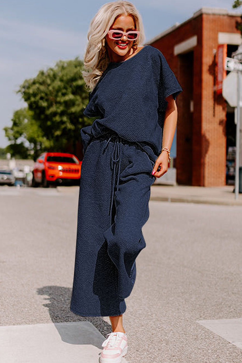 Navy Blue Textured Shirt and Drawstring Pants Set