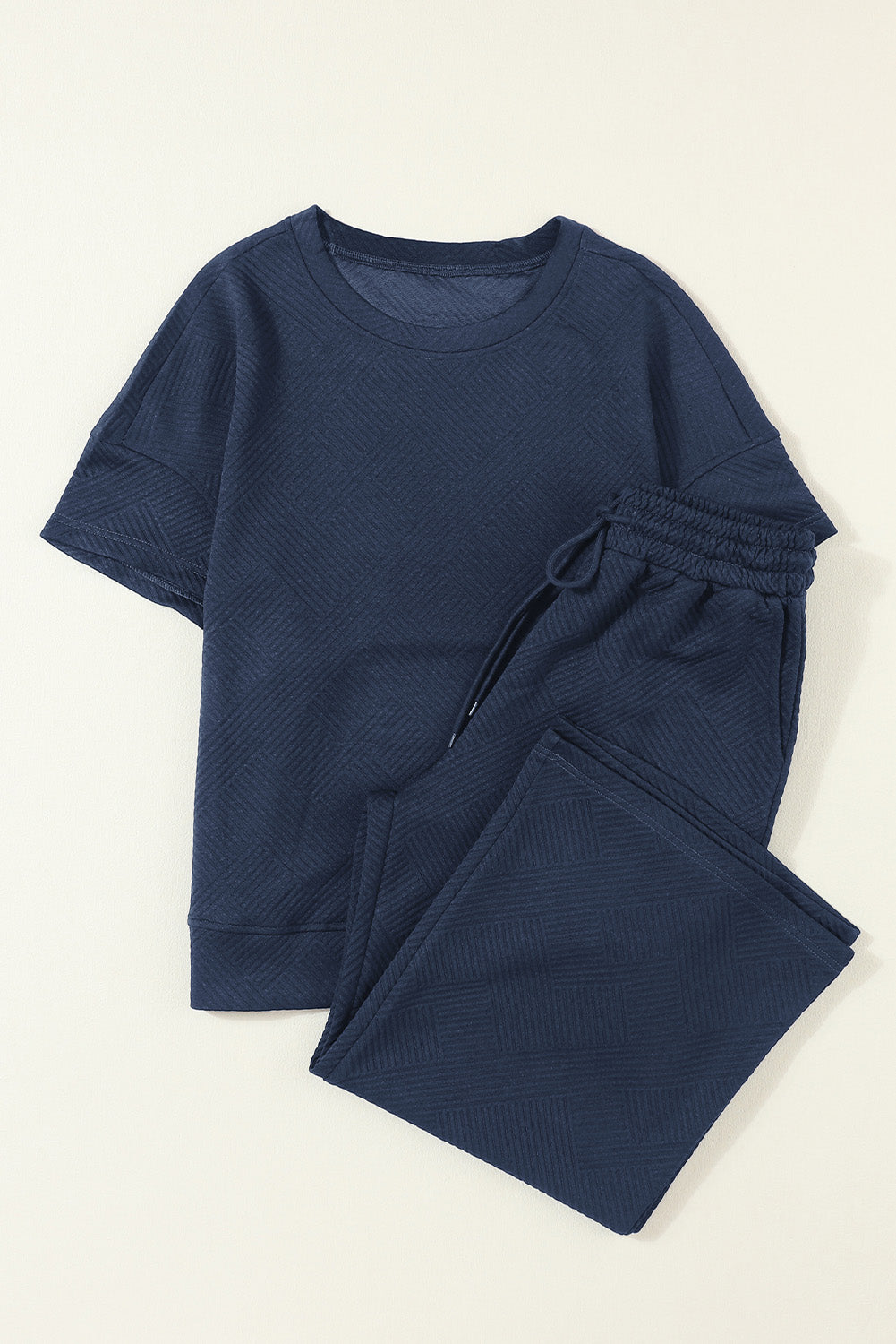 Navy Blue Textured Shirt and Drawstring Pants Set