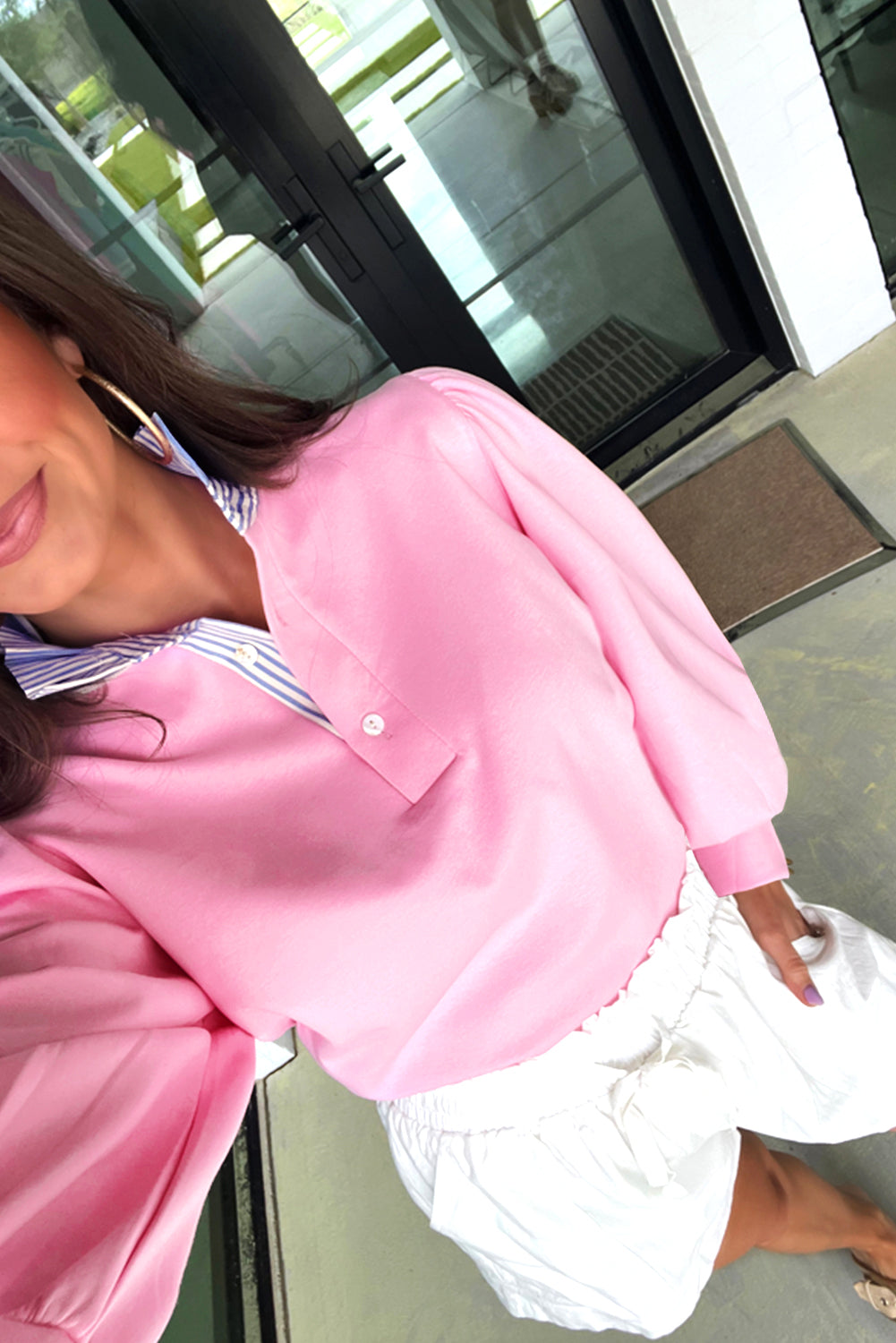 Bonbon Striped Collar Patchwork Puff Sleeve Sweatshirt