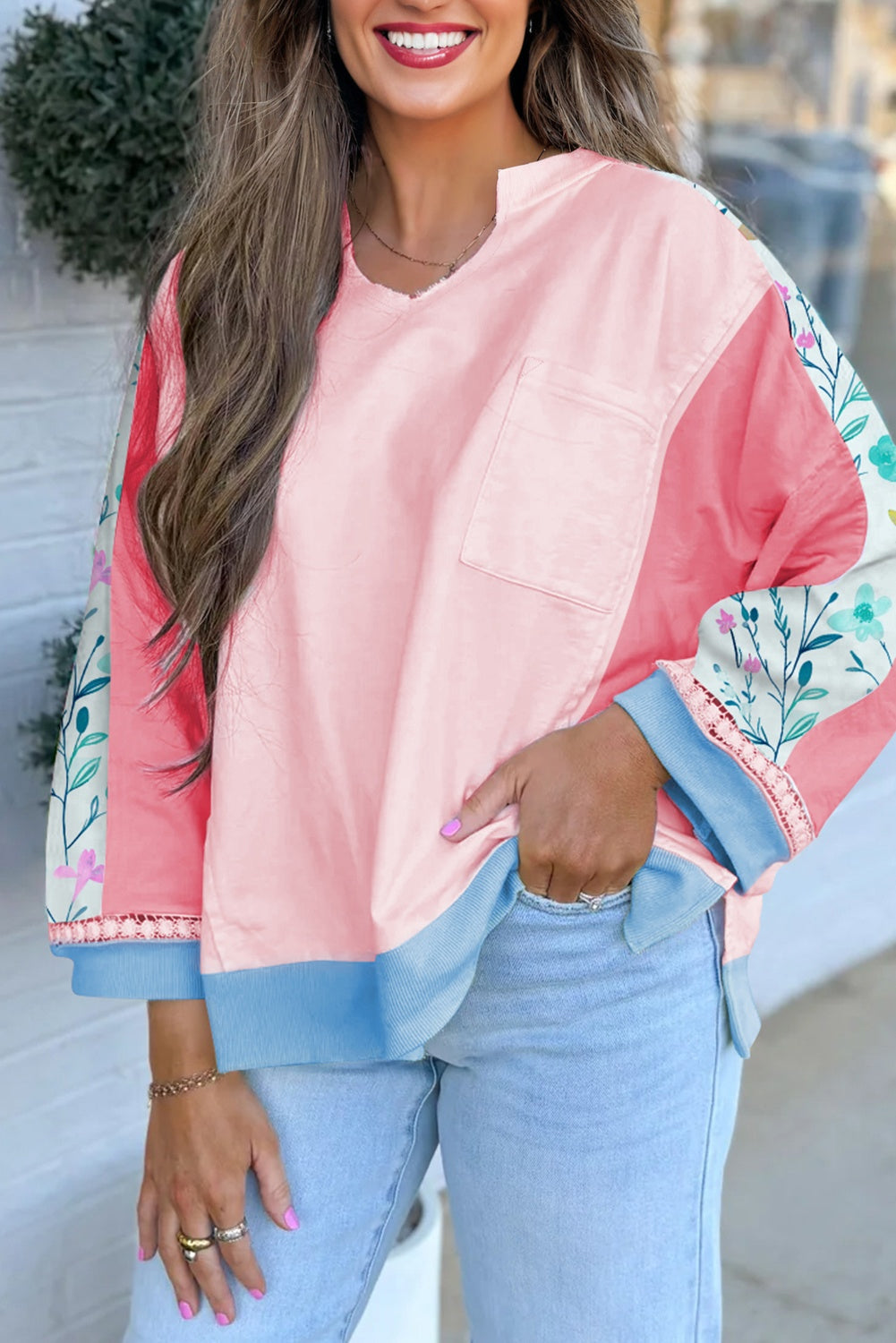 Light Pink Patchwork Long Sleeve Top