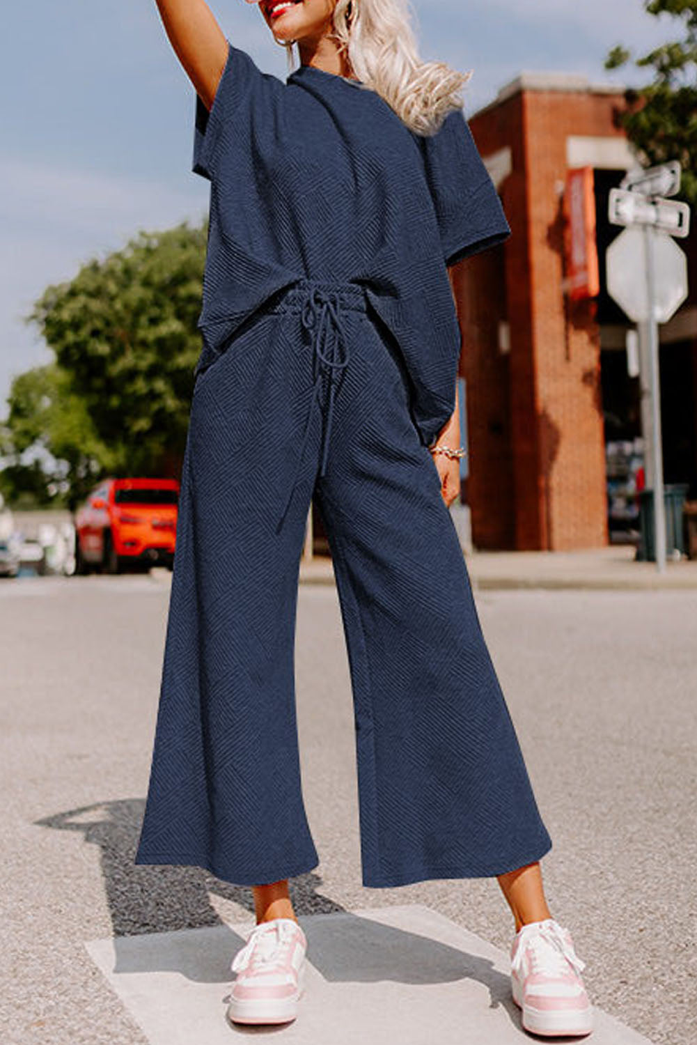 Navy Blue Textured Shirt and Drawstring Pants Set