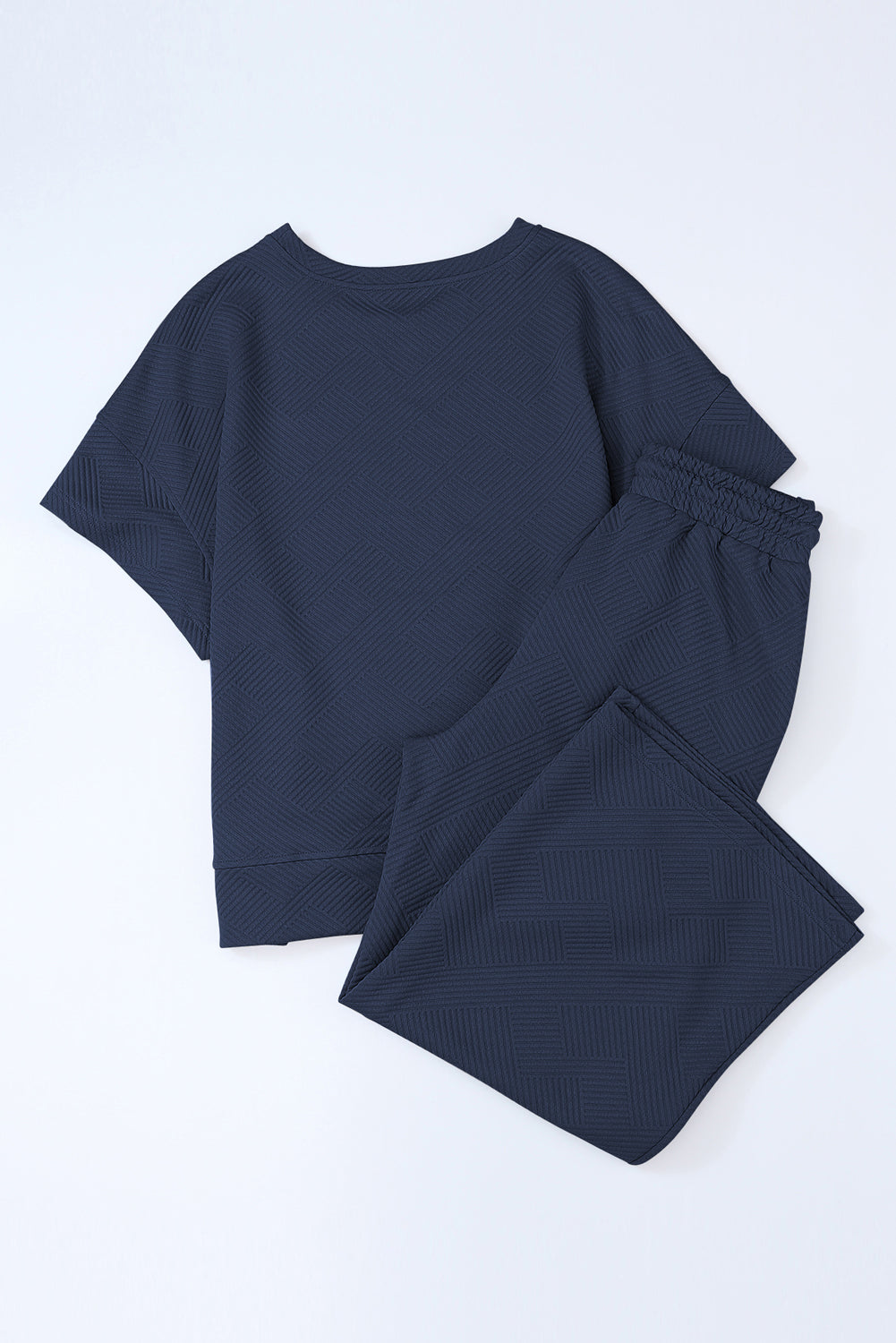 Navy Blue Textured Shirt and Drawstring Pants Set