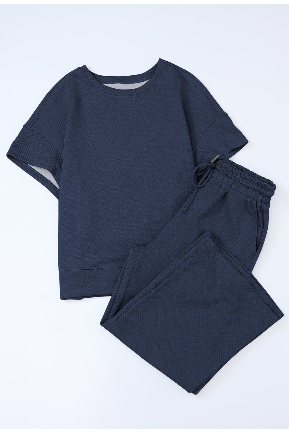 Navy Blue Textured Shirt and Drawstring Pants Set