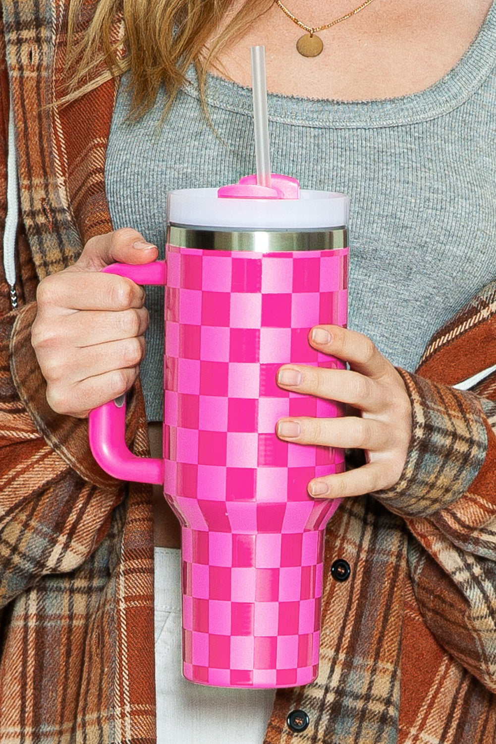 Bright Pink Checkered Tumbler