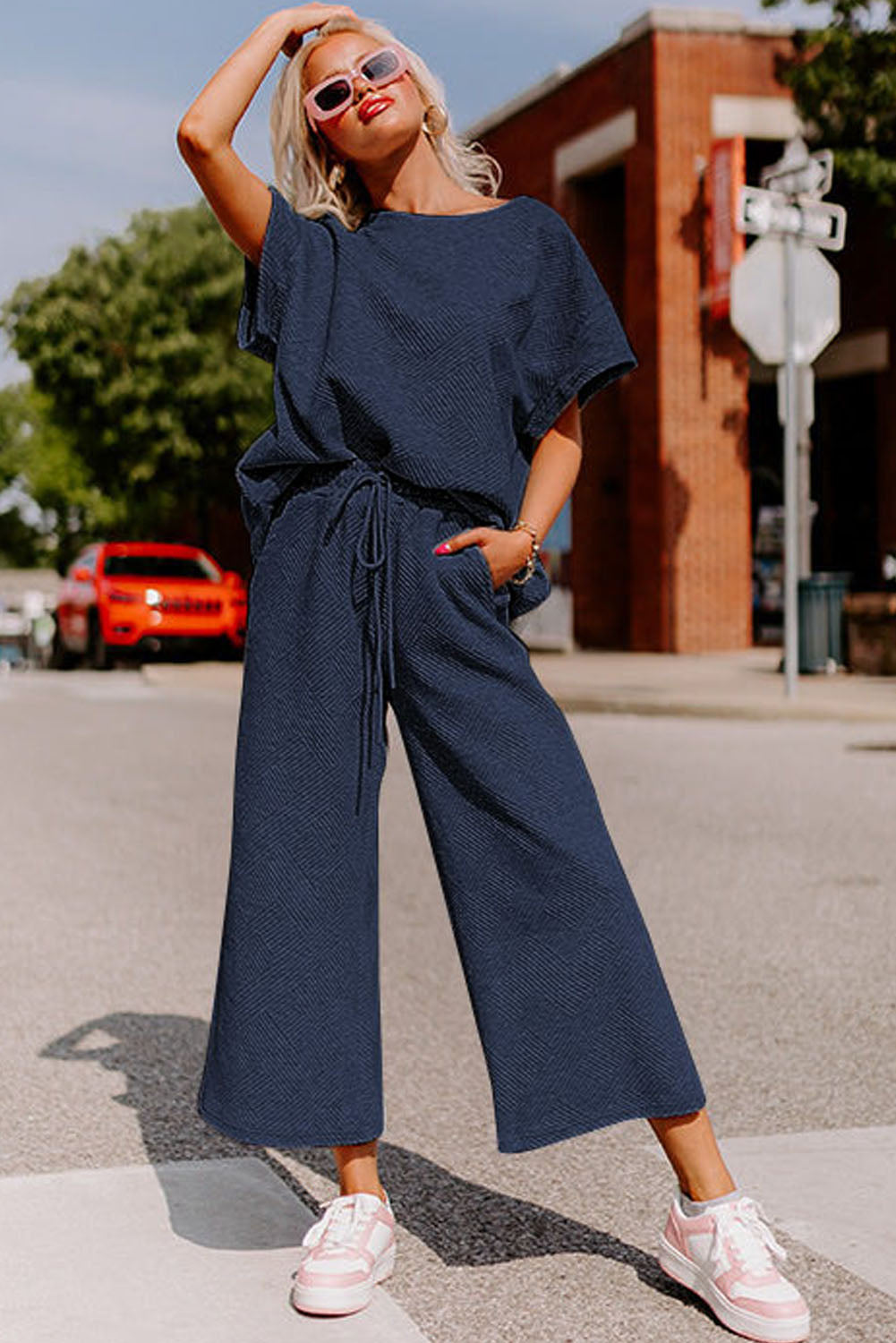 Navy Blue Textured Shirt and Drawstring Pants Set
