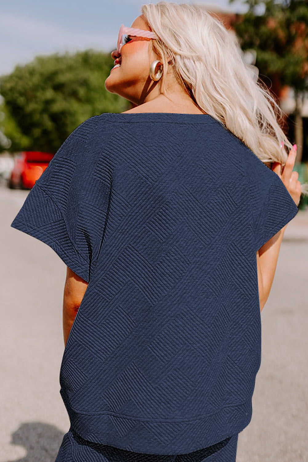 Navy Blue Textured Shirt and Drawstring Pants Set