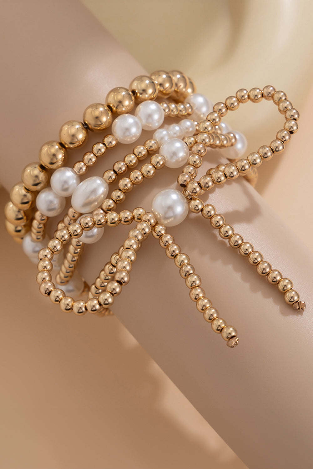 Gold Bow Knot & Pearl Beaded Bracelet Set