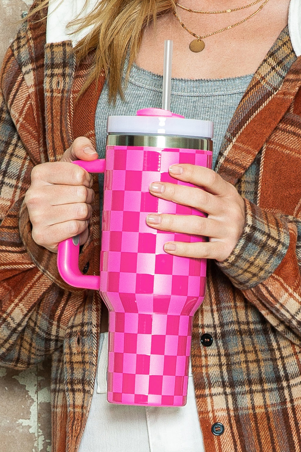 Bright Pink Checkered Tumbler