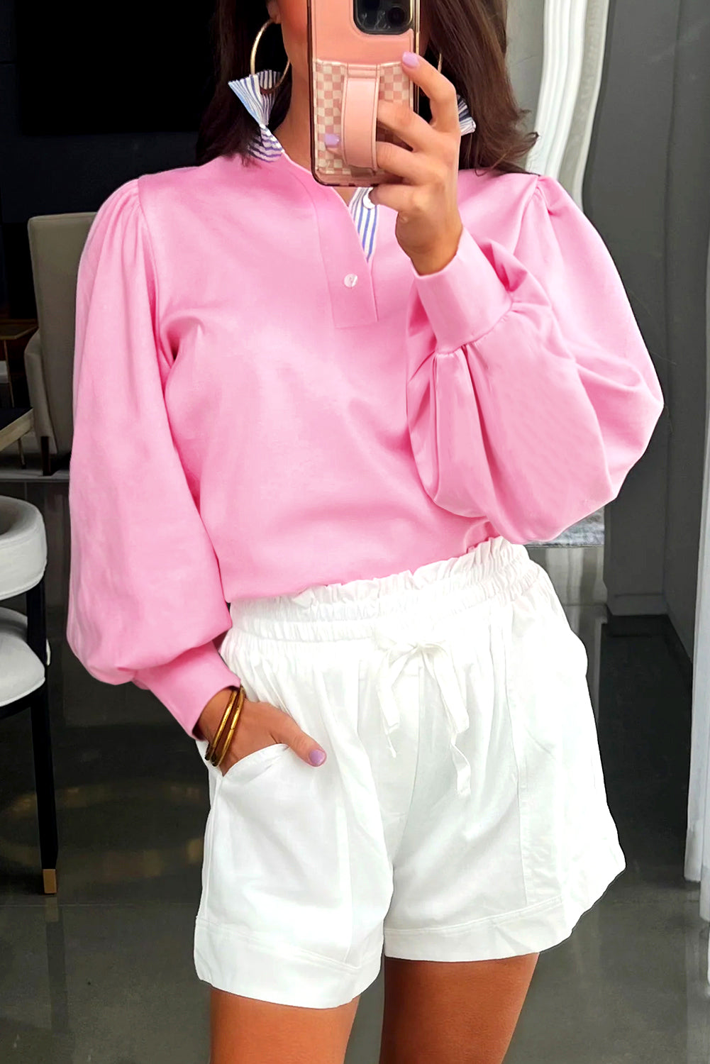 Bonbon Striped Collar Patchwork Puff Sleeve Sweatshirt