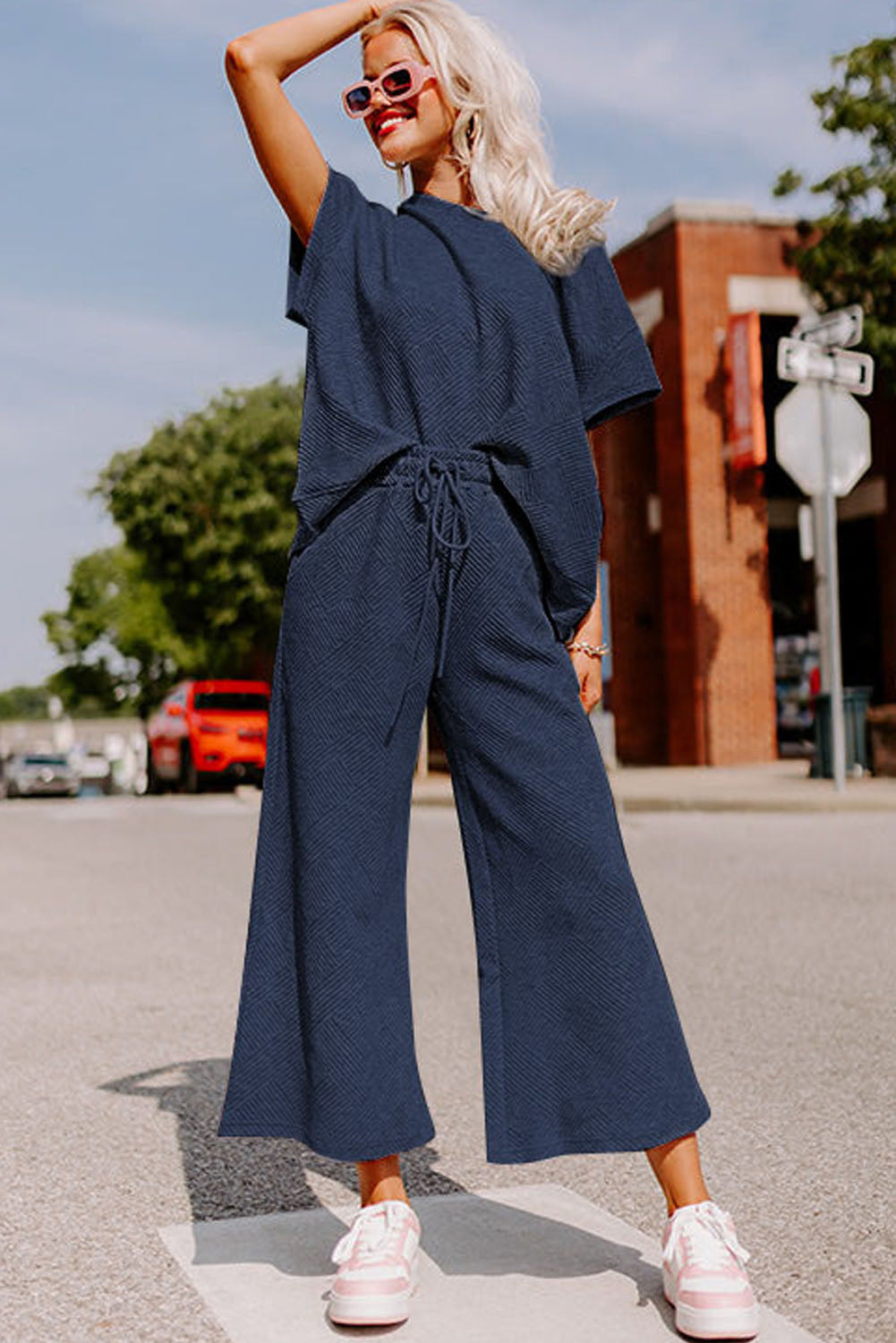 Navy Blue Textured Shirt and Drawstring Pants Set